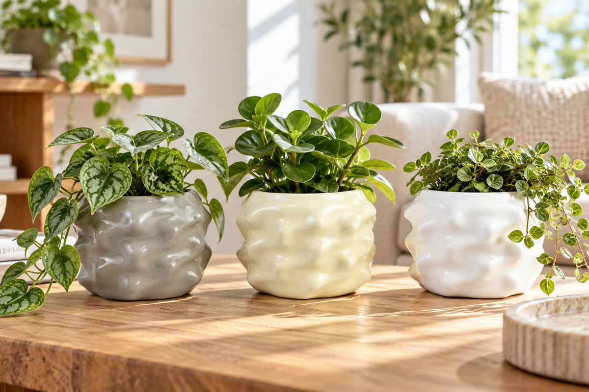 Textured ceramic planters with greenery in an everyday lifestyle setting.