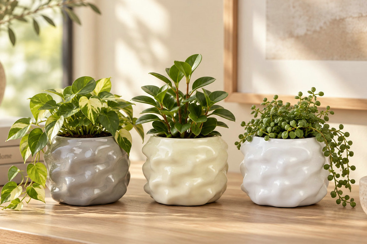 Everyday textured ceramic planter lifestyle presentation.