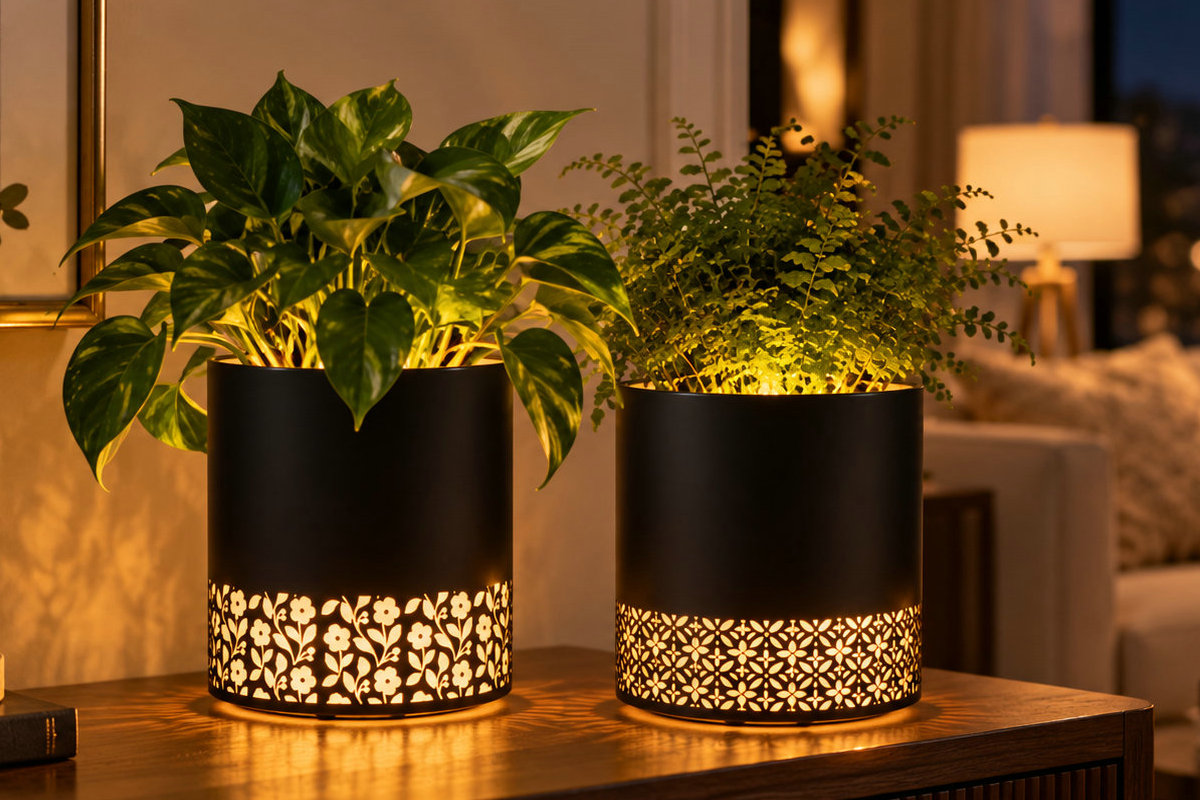 Illuminated glass planter lifestyle visualization showing the glowing decorative patterns at night.