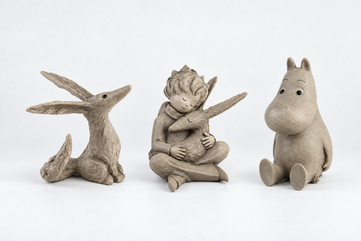Licensed decorative figurine with a stone-like finish, shown in a garden setting.