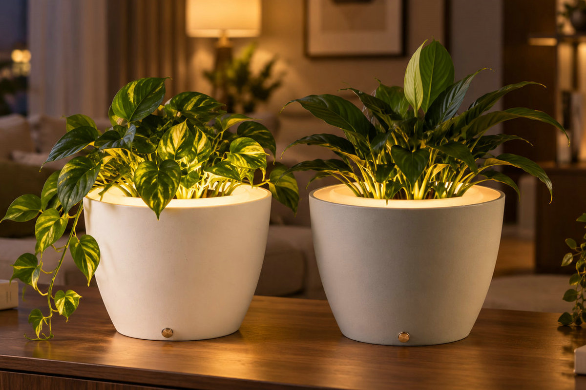 LumaHalo illuminated planter lifestyle visualization in a nighttime setting.