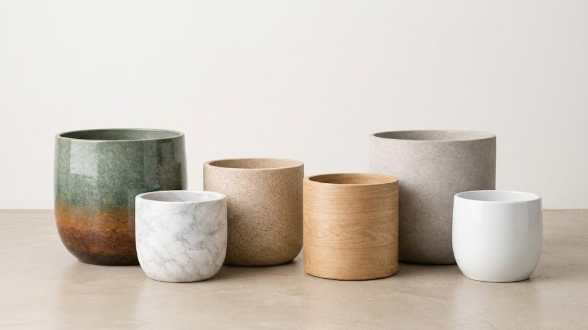 Ceramic planter hero: close-up of matte, gloss and reactive glaze samples beside an unglazed ceramic planter and matching saucer; visible surface detail with clear space on the left for text.