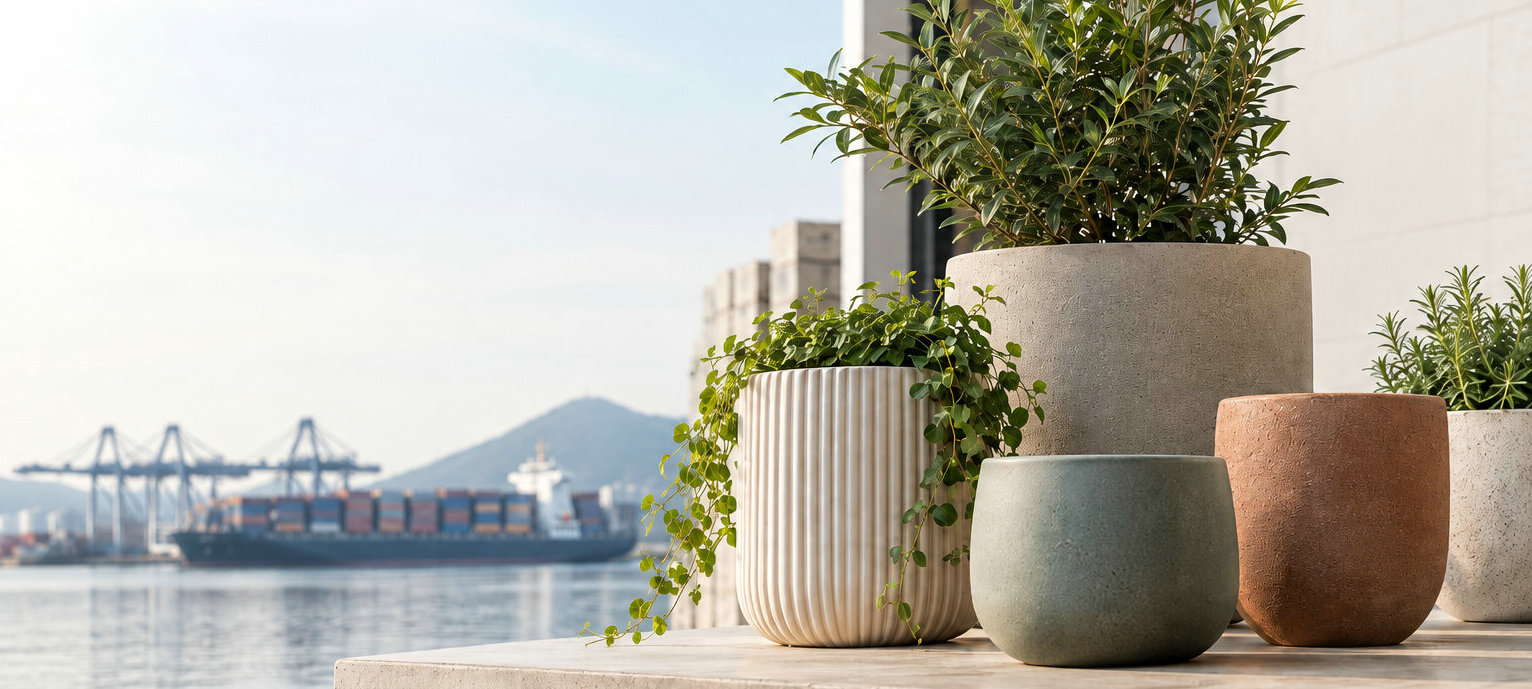 China sourcing hero: a buyer and Xiamen Green coordinator reviewing planter samples, material references and a sourcing brief at a worktable; landscape composition with clear space on the left for text.
