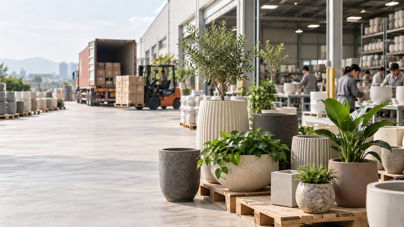 Grower program hero: a nursery pot being fitted into a decorative cachepot, with a ruler showing outside rim diameter and inside opening; clear space on the left for text.