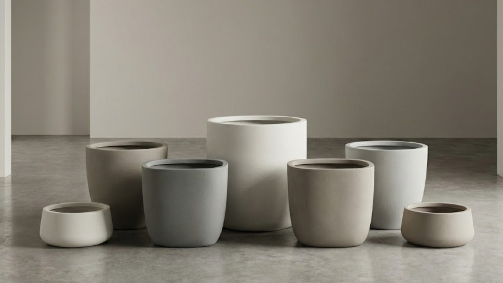 Fiberstone and fiberglass planter samples showing large shapes, rim construction and interior finish