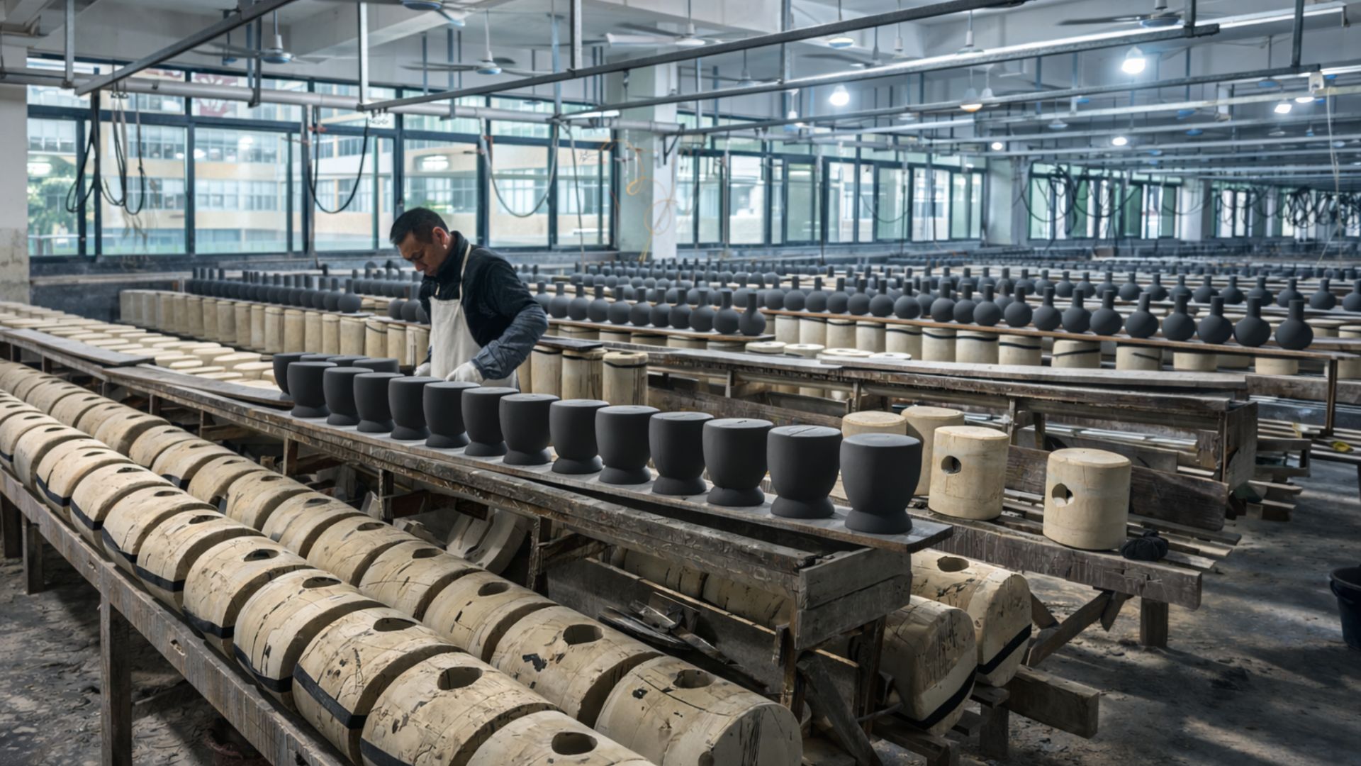 Planter manufacturing hero: a production line at a manufacturing partner in China, showing planter forming or finishing; landscape composition with clear space on the left for text.