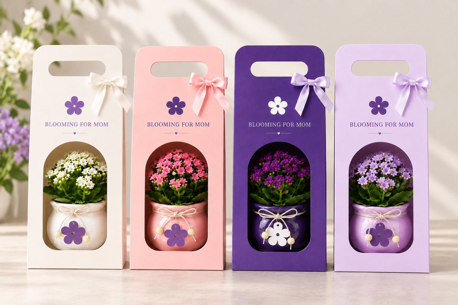 Promotional planter samples beside coordinated private-label packaging, artwork references and barcode labels