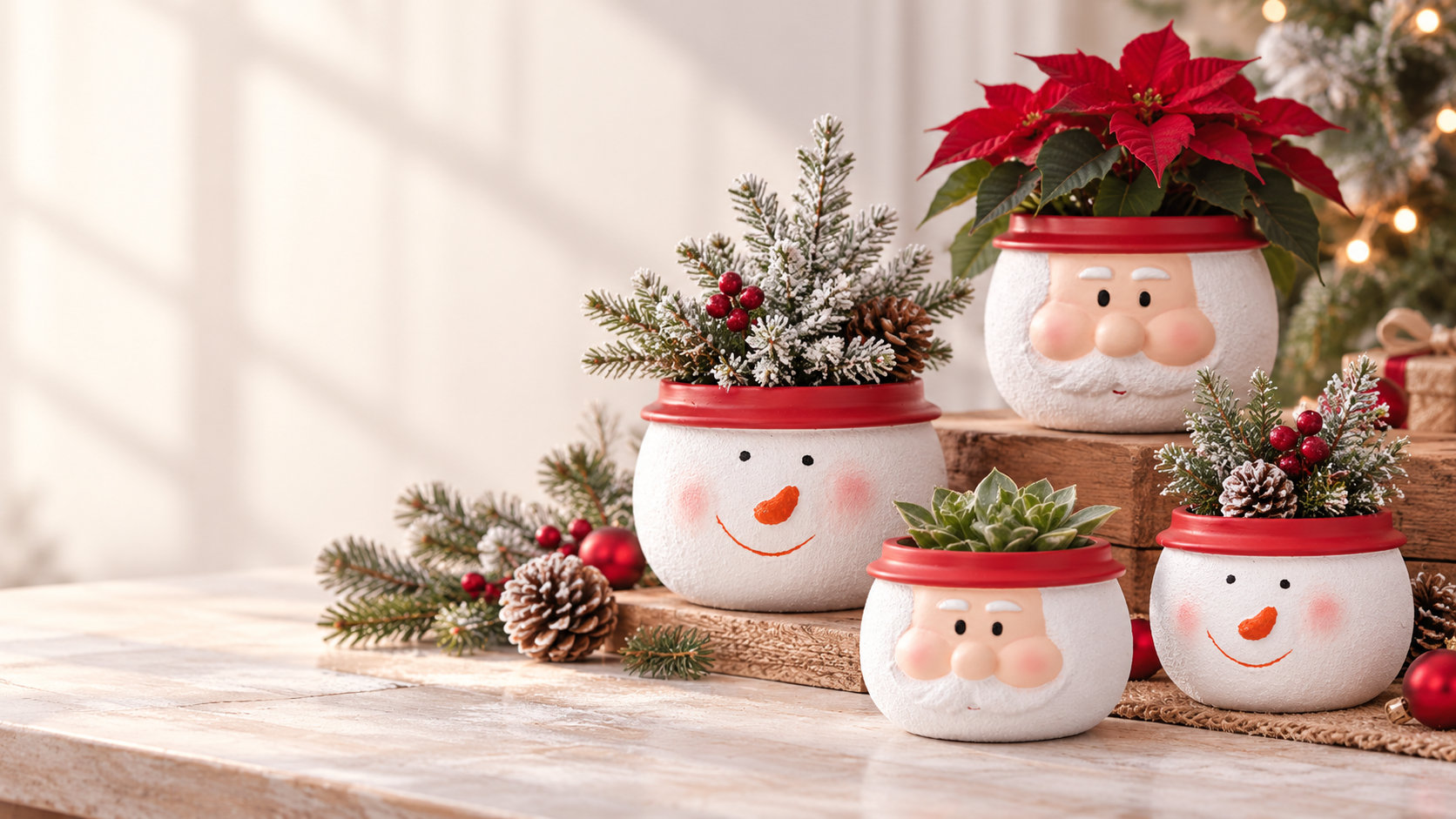 Seasonal planter hero: coordinated Christmas, Halloween and spring or Easter planter samples with color swatches, seasonal artwork and private-label packaging; clear space on the left for text.