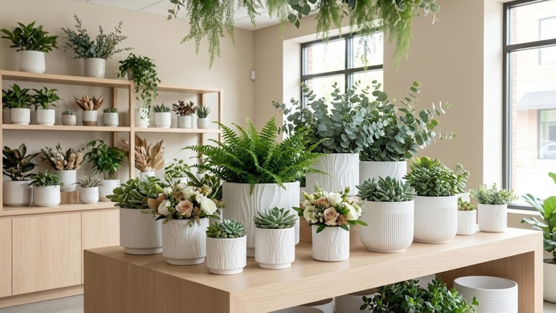 Bulk planter supply hero: coordinated planter assortments beside protective export cartons and palletized goods prepared for container loading; clear space on the left for text.